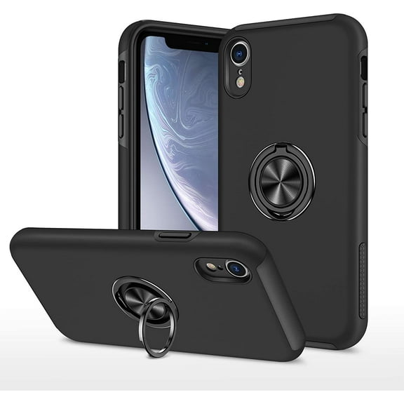 Case for iPhone XR, Smooth Dual Layer Hard Military Phone Case with 360 Degree Ring Stand Silicone Bumper Shockproof Protective Case (Camera Protection) Magnetic Car Holder Cover-Black