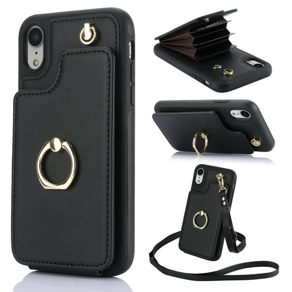 Case for iPhone XR Wallet Phone Case with Ring Stand & Adjustable Crossbody Strap, Stylish Multi-Funtional Accordion Style Flip Case with Card Slots for Women Girls, Black