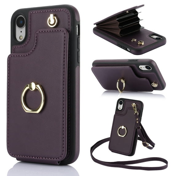 Case for iPhone XR Wallet Phone Case with Ring Stand & Adjustable Crossbody Strap, Stylish Multi-Funtional Accordion Style Flip Case with Card Slots for Women Girls, Purple