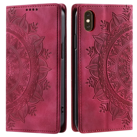 Case for iPhone XS / iPhone X Wallet Case for Women Girls with Credit Card Holder, Embossed Flower Pattern Magnetic Flip PU Leather Purse Shockproof Protective Phone Cover, Red