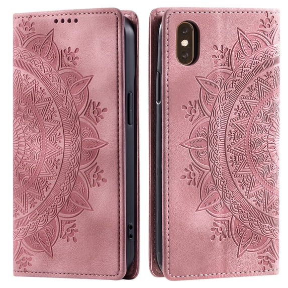 Case for iPhone XS / iPhone X Wallet Case for Women Girls with Credit Card Holder, Embossed Flower Pattern Magnetic Flip PU Leather Purse Shockproof Protective Phone Cover, Pink