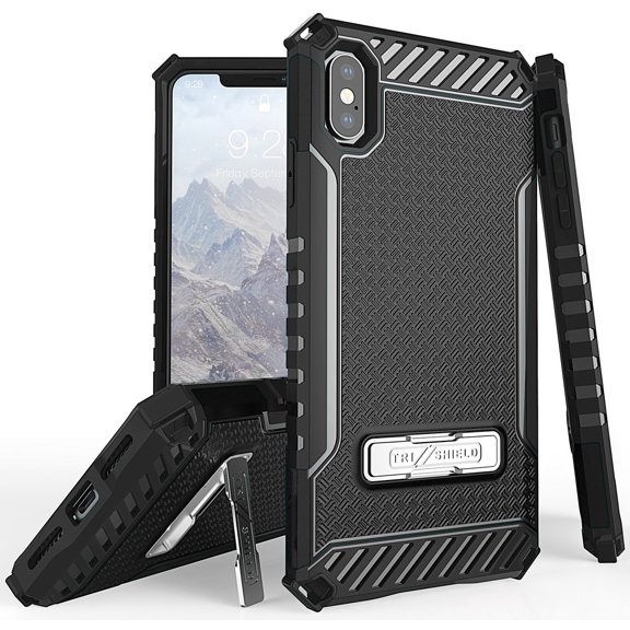 Case for iPhone Xs Max, Black Tri-Shield Rugged Cover [with Metal Kickstand + Wrist Strap Lanyard] for Apple iPhone Xs Max (Size 6.5" model) (iPhone 10s Max)