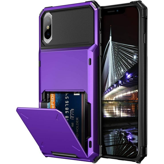 Case for iPhone Xs Max Case Wallet ID Slot Credit Card Holder Scratch Resistant Dual Layer Protective Bumper Rugged TPU Rubber Armor Hard Shell Case Cover for iPhone Xs Max 10S Max (Purple)