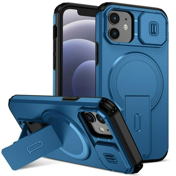 Case for iPhone iPhone 12 / 12 Pro 6.1" with Invisible Fold Holder Stand, Magnetic Wireless Charging,Sliding camera casing,Shockproof Dropproof Tough Rugged Protective Case Cover,Blue
