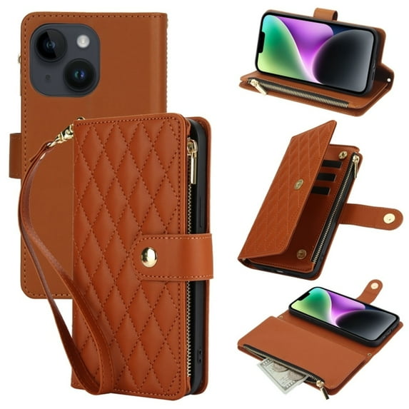 Case for iPhone iPhone 14 6.1" RFID Blocking Protective Purse Case With Card Slots Holder Kickstand Wrist Strap Lanyard Zipper 3-card Flip Wallet Case,Brown,For iPhone 14