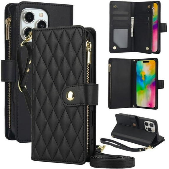 Case for iPhone iPhone 15 Pro 6.1" RFID Blocking Protective Purse Case With Card Slots Holder Kickstand Wrist Strap Lanyard Zipper 3-card Flip Wallet Case,Black,For iPhone 15 Pro