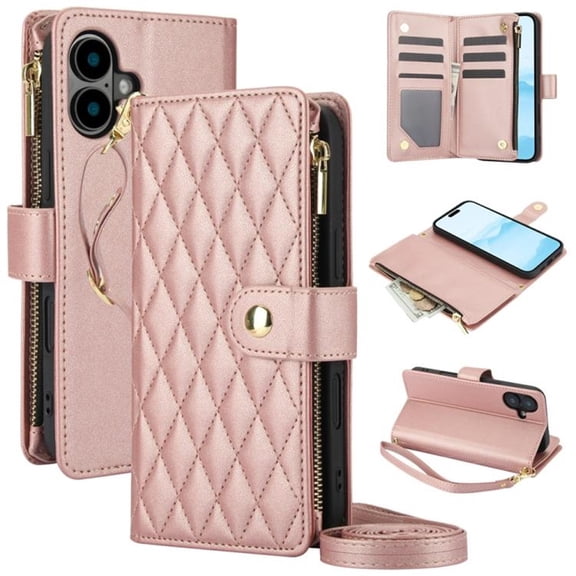 Case for iPhone iPhone 16 6.1" RFID Blocking Protective Purse Case With Card Slots Holder Kickstand Wrist Strap Lanyard Zipper 3-card  Flip Wallet Case,Rose gold,For iPhone 16
