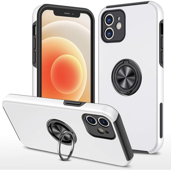 Case for iPhone12 6.1, Smooth Dual Layer Hard Military Phone Case with 360 Degree Ring Stand Silicone Bumper Shockproof Protective Case (Camera Protection) Magnetic Car Holder Cover-Silver