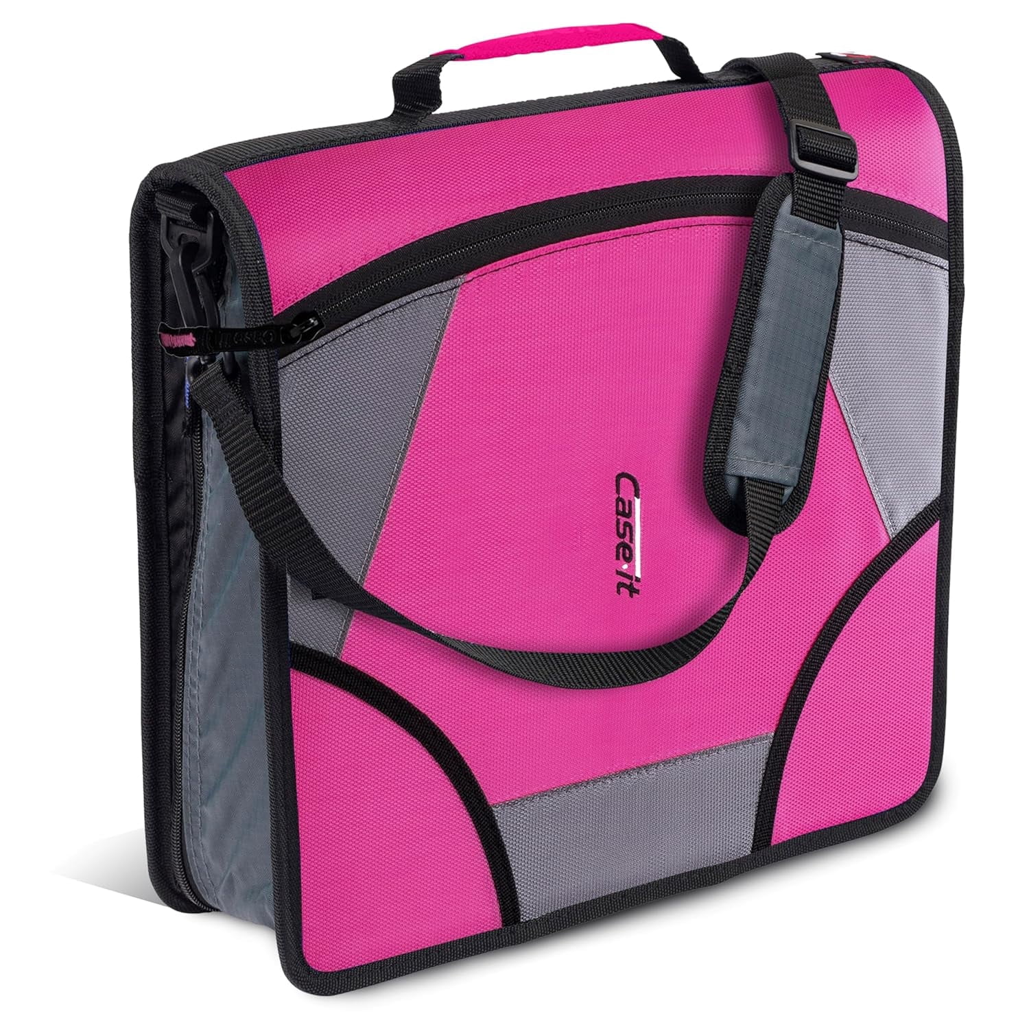 Case-it The King Sized Zip Tab Zipper Binder - 4 Inch D-Rings - 5 Subject File Folder - Multiple Pockets - 800 Sheet Capacity - Comes with Shoulder Strap - Magenta D-186