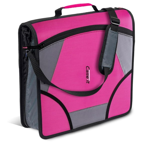 Case-it The King Sized Zip Tab Zipper Binder - 4 Inch D-Rings - 5 Subject File Folder - Multiple Pockets - 800 Sheet Capacity - Comes with Shoulder Strap - Magenta D-186