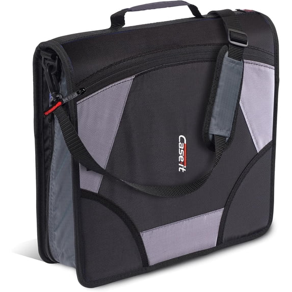 Case-it The King Sized Zip Tab Zipper Binder - 4 inch D-Rings - 5 Subject File Folder - Multiple Pockets - 800 Sheet Capacity - Comes with Shoulder Strap - Jet Black D-186