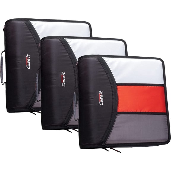 Case-it The Mighty Zip Tab Zipper Binder - 3 inch O-Rings - 5 Color Tab Expanding File Folder - Multiple Pockets - 600 Sheet Capacity - Comes with Shoulder Strap - Black D-156-B (3Pack)