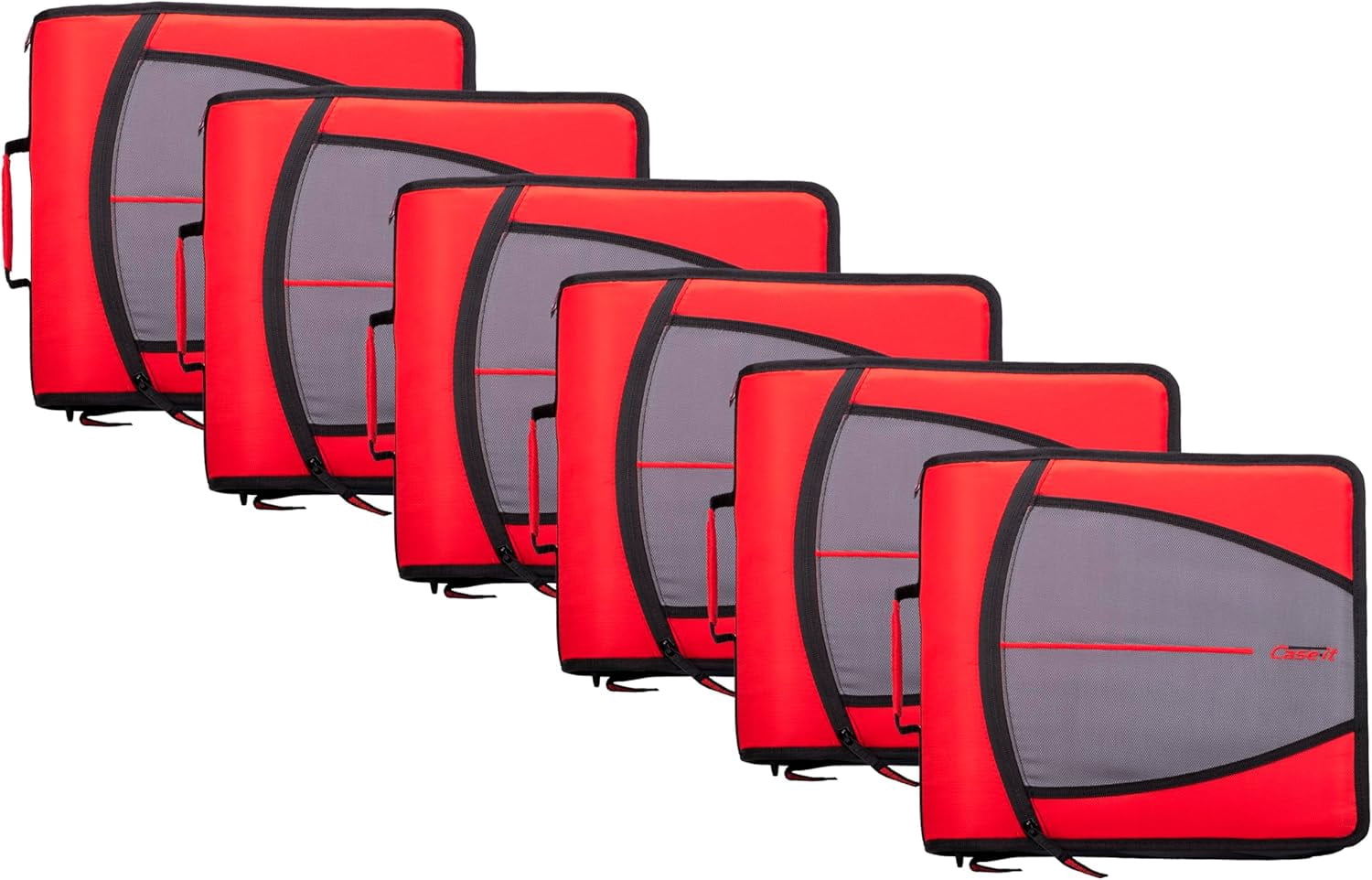 Case-it The Mighty Zip Tab Zipper Binder - 3 inch O-Rings - 5 Color Tab Expanding File Folder - Multiple Pockets - 600 Sheet Capacity - Comes with Shoulder Strap - Fire Engine Red D-146 (6 pack)