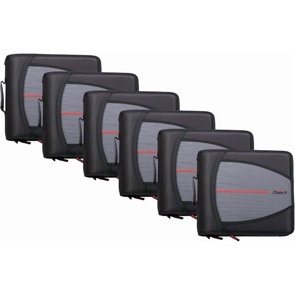 Case-it The Mighty Zip Tab Zipper Binder - 3 inch O-Rings - 5 Color Tab Expanding File Folder - Multiple Pockets - 600 Sheet Capacity - Comes with Shoulder Strap - Jet Black D-146 (6 pack)