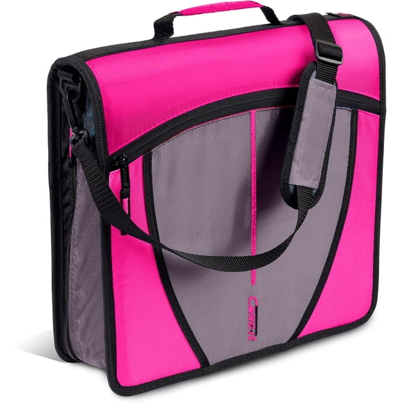 Case-it The Mighty Zip Tab Zipper Binder - 3 Inch O-Rings - 5 Color Tab Expanding File Folder - Multiple Pockets - 600 Sheet Capacity - Comes with Shoulder Strap - Magenta D-146