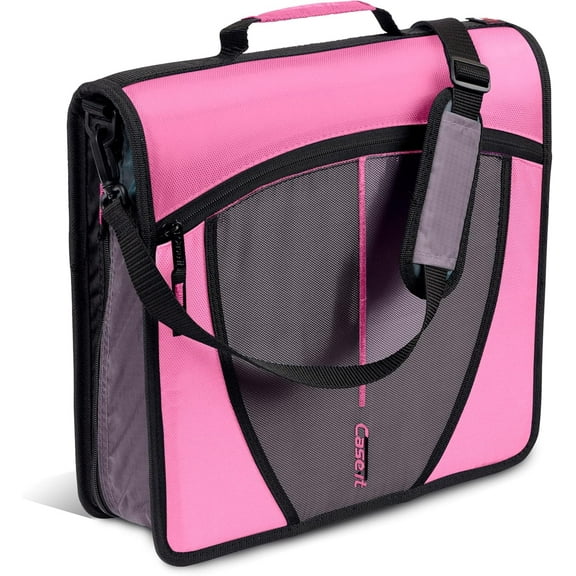 Case-it Mighty Zip Tab Zipper Binder, 3" O-Ring with 5-color tabbes, expanding file folder and shoulder strap and handle, D-146-Light Pink
