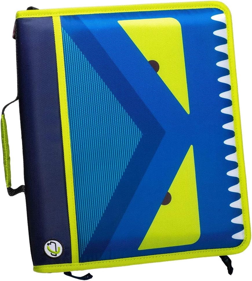 Case-it Z-176-ME Monster Eye Zipper Binder, 1.5 Inch D-Rings, Shoulder Strap, Blue and Yellow