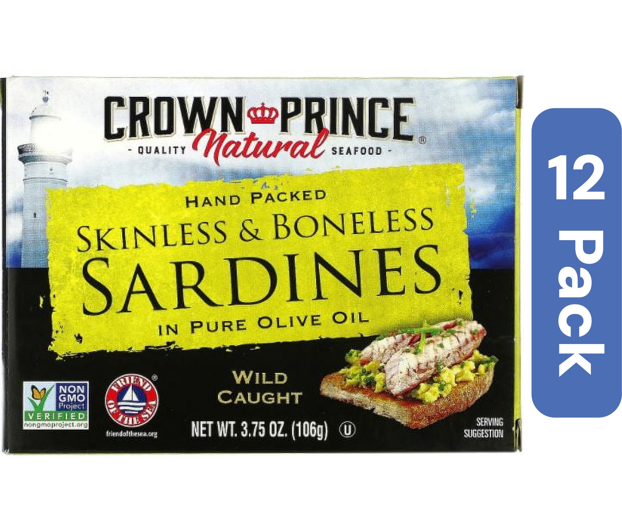 (Case of 12 )Crown Prince Skinless and Boneless Sardines In Pure Olive Oil - 3.75 oz.