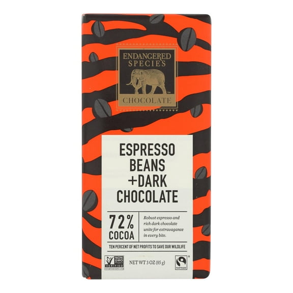 (Case of 12 ) Endangered Species Natural Chocolate Bars - Dark Chocolate - 72 Percent Cocoa - Espresso Beans - 3 oz Bars