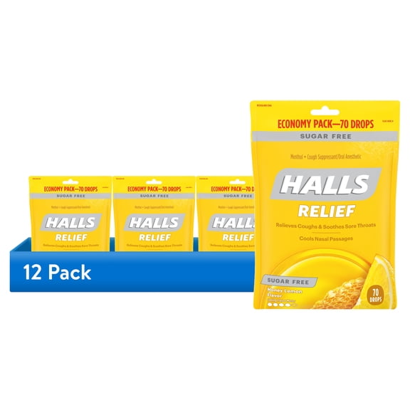 (12 pack) HALLS Relief Honey Lemon Sugar Free Cough Drops, Economy Pack, 70 Drops