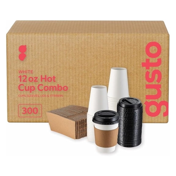 [Case of 300 12 oz. Disposable Coffee Cups with Lids and sleeves - To Go Paper Hot Cups for Travel and Office Use