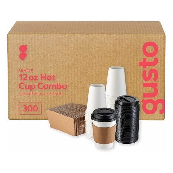 [Case of 300 12 oz. Disposable Coffee Cups with Lids and sleeves - To-Go Paper Hot Cups for Travel and Office Use