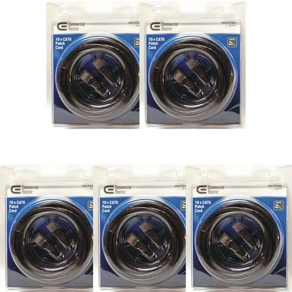 Case of 5 - Commercial Electric 10 ft. CAT6 Patch Cord Ethernet Cable (Black)