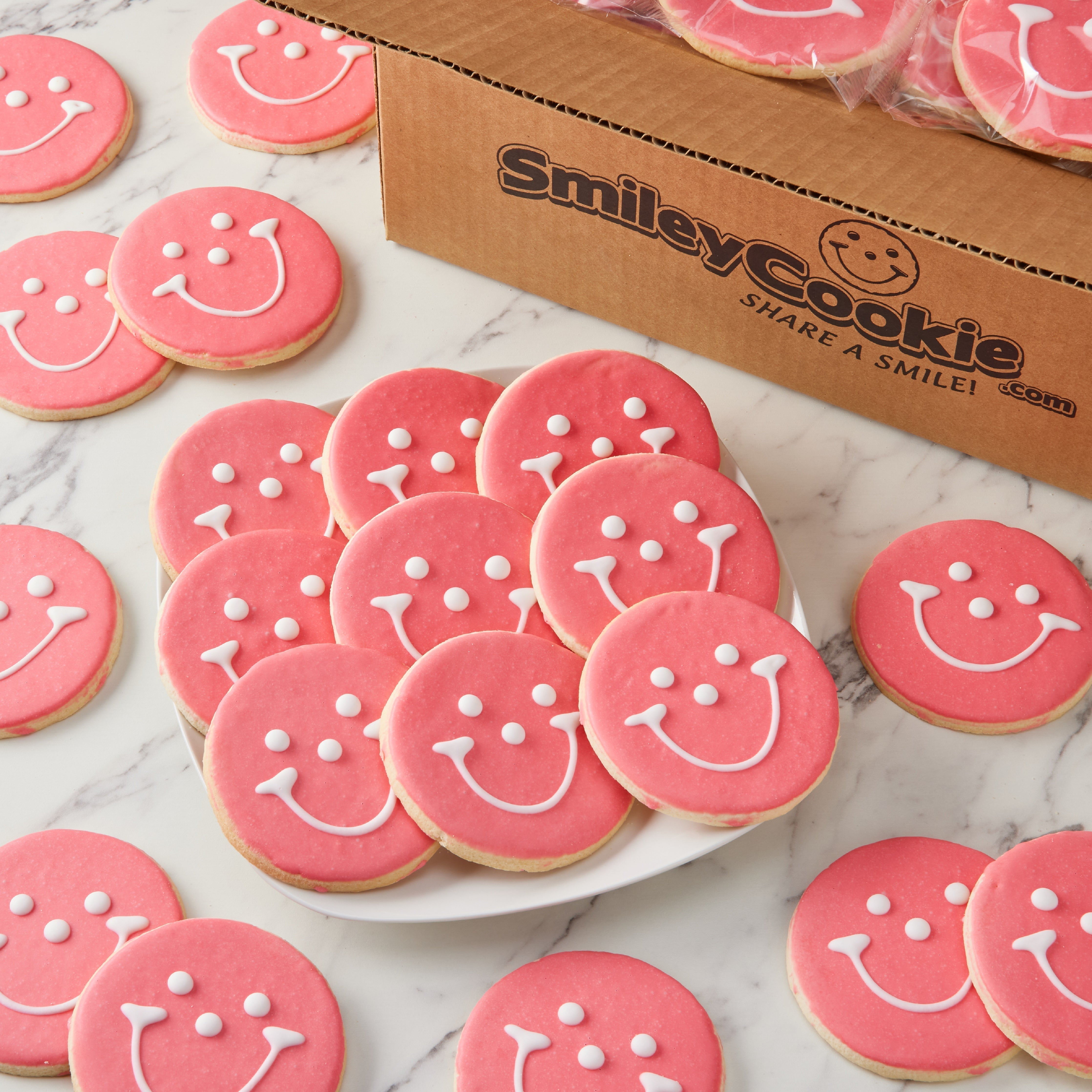 Case of 50 Baby Pink Smiley Cookies Nut Free, Kosher, Individually