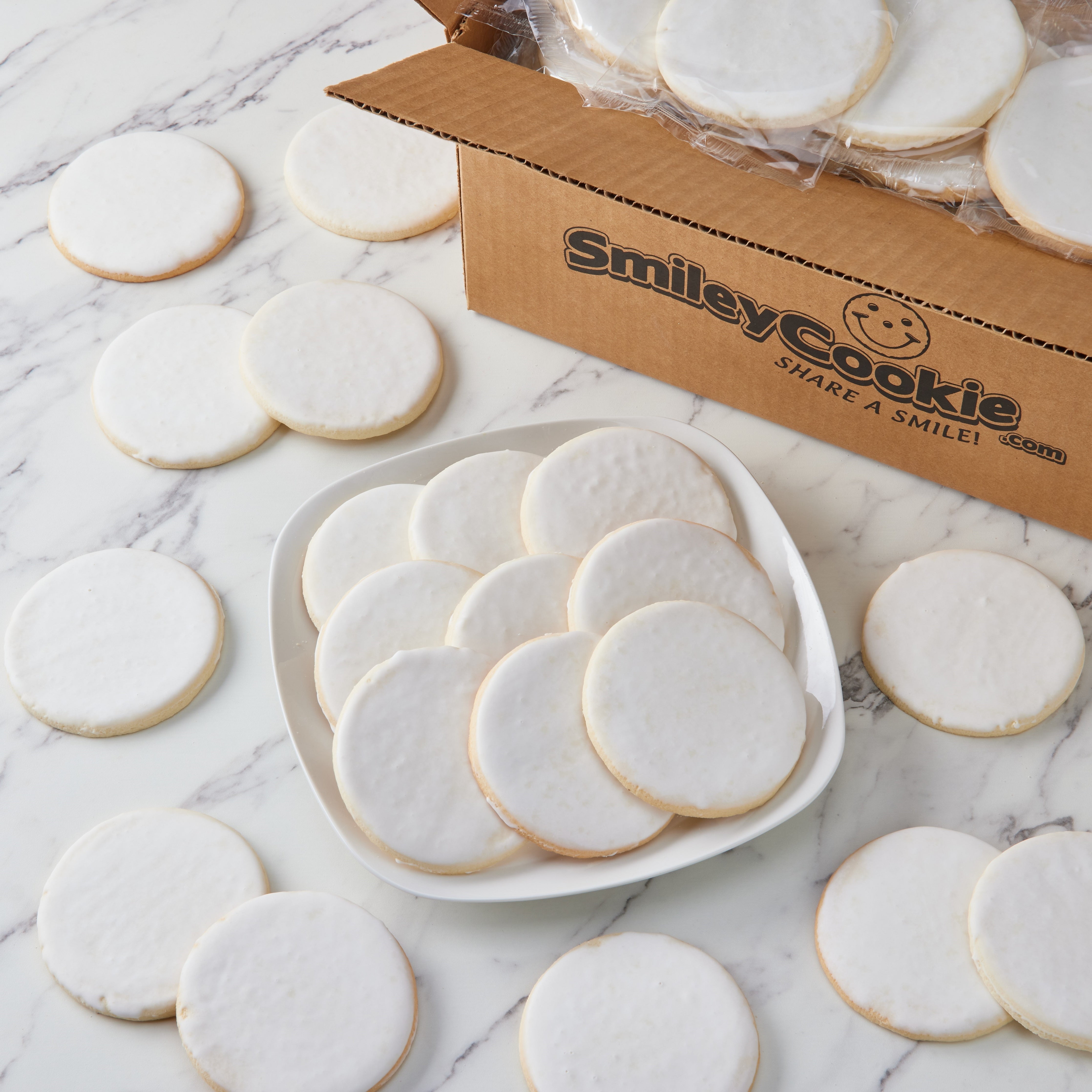 Case of 50 White Iced Smiley Cookies - Nut Free, Kosher, Individually Wrapped Sugar Cookies