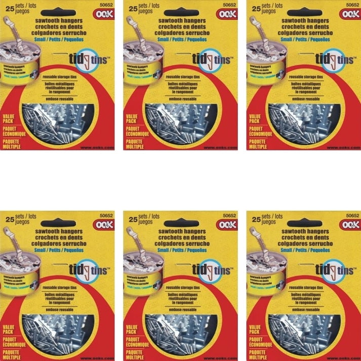 Case of 6 - Ook Small Sawtooth Picture Hangers with Nails Tidy Tin - 50652 (25 Sets Pack)