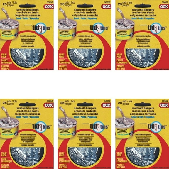 Case of 6 - Ook Small Sawtooth Picture Hangers with Nails Tidy Tin - 50652 (25 Sets Pack)