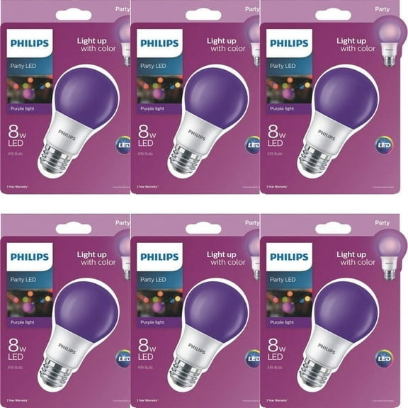 Case of 6 - Philips Party LED 8W A19 Light Bulb (Purple) 60W Replacement