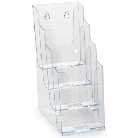 Case of 8, Tiered 4 Pocket Brochure Dispenser for 4 x 9-Inch Pamphlets, Wall-Mounted or Tabletop - Clear Plastic