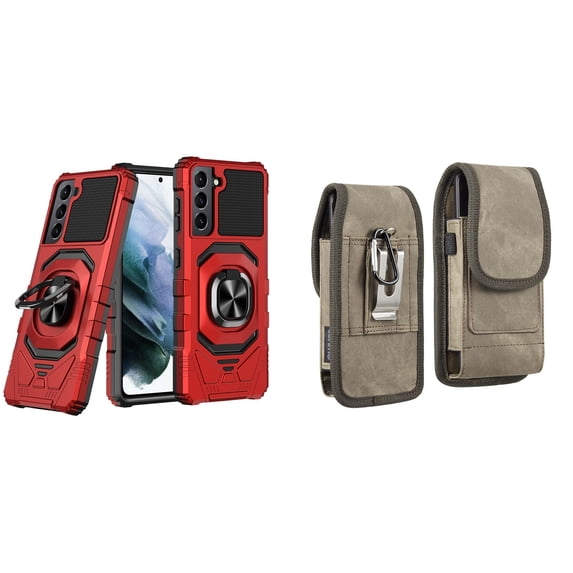 Case with Belt Holster Bundle for Samsung Galaxy S22+ Plus: Heavy Duty Shield Cover (Red) and Vertical Rugged Denim Nylon Phone Pouch (Brown)