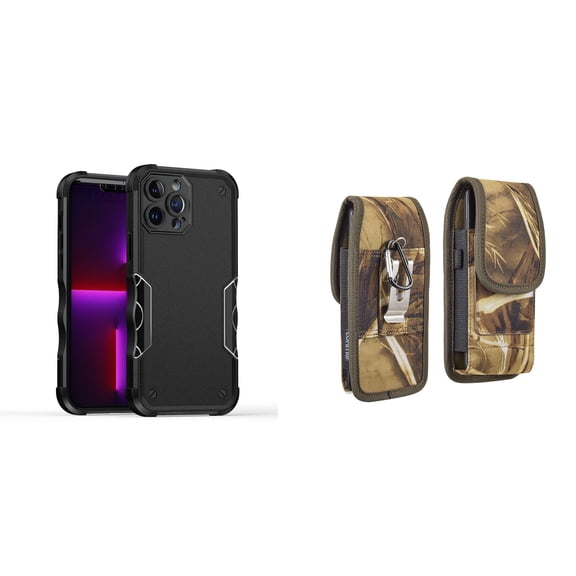 Case with Belt Holster Bundle for iPhone 14 Plus: Slim EX Hybrid Series Shockproof Case (Black) and Vertical Rugged Nylon Phone Pouch (Camo)
