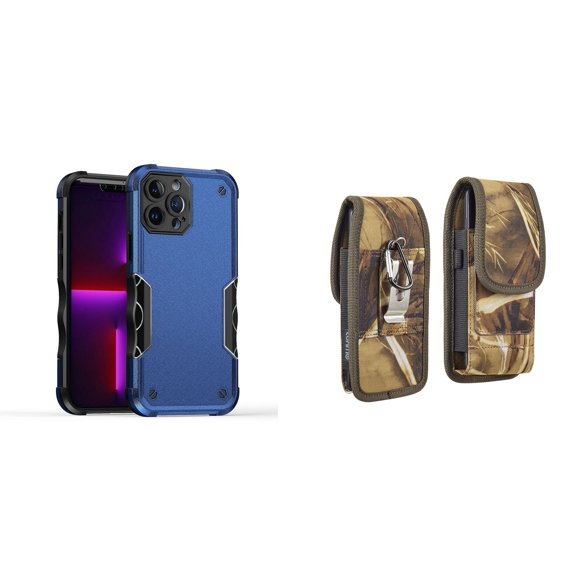 Case with Belt Holster Bundle for iPhone 14 Plus: Slim EX Hybrid Series Shockproof Case (Blue) and Vertical Rugged Nylon Phone Pouch (Camo)