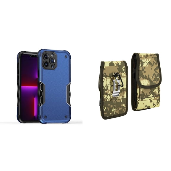 Case with Belt Holster Bundle for iPhone 14 Plus: Slim EX Hybrid Series Shockproof Case (Blue) and Vertical Rugged Nylon Phone Pouch (Digital Camo)