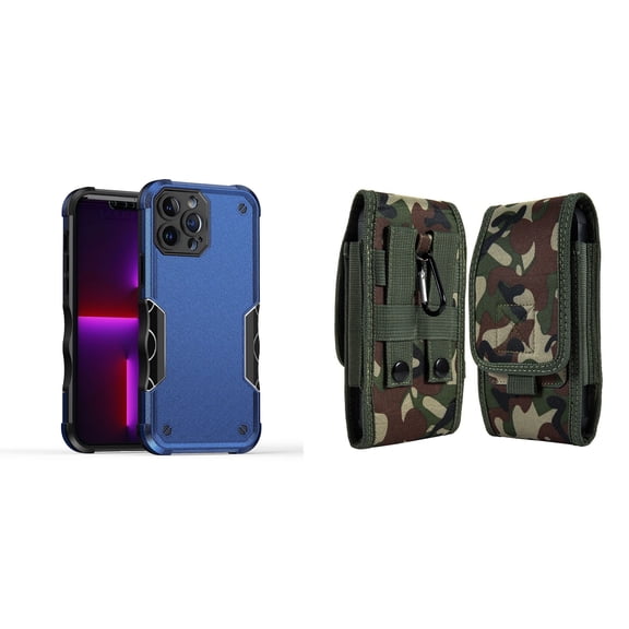Case with Belt Holster Bundle for iPhone 14 Plus: Slim EX Hybrid Series Shockproof Case (Blue) and Vertical Rugged Nylon Phone Pouch (Green Camo)
