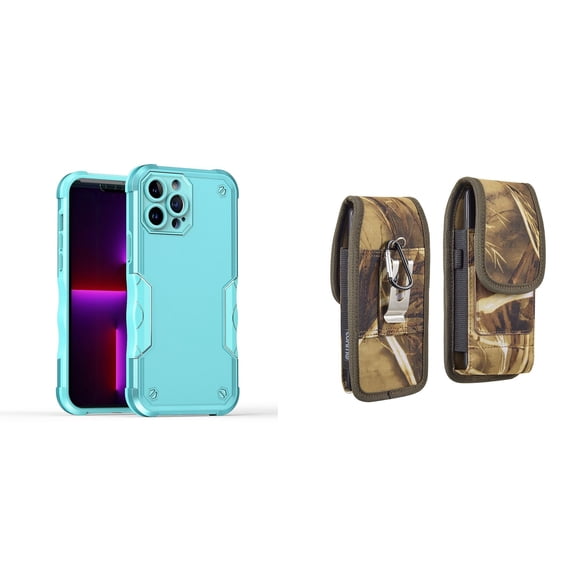 Case with Belt Holster Bundle for iPhone 14 Pro: Slim EX Hybrid Series Shockproof Case (Teal) and Vertical Rugged Nylon Phone Pouch (Camo)