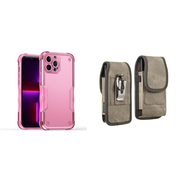 Case with Belt Holster Bundle for iPhone 14: Slim EX Hybrid Series Shockproof Case (Pink) and Vertical Rugged Denim Nylon Phone Pouch (Brown)