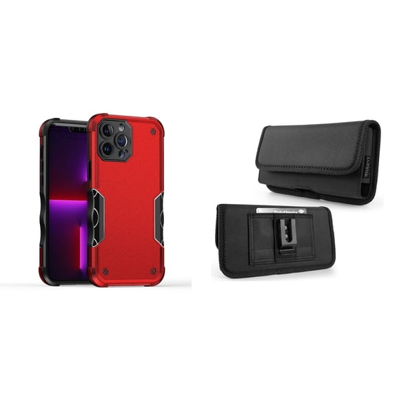 Case with Belt Holster Bundle for iPhone 14: Slim EX Hybrid Series Shockproof Case (Red) and Horizontal Rugged Nylon Phone Pouch