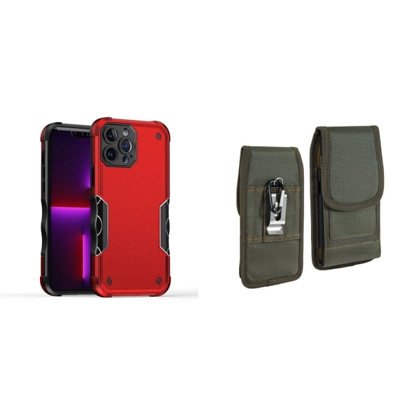 Case with Belt Holster Bundle for iPhone 14: Slim EX Hybrid Series Shockproof Case (Red) and Vertical Rugged Nylon Phone Pouch (Midnight Green)