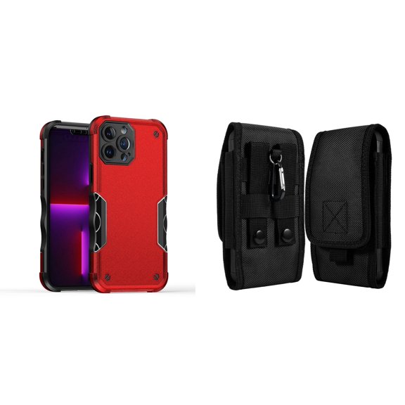 Case with Belt Holster Bundle for iPhone 14: Slim EX Hybrid Series Shockproof Case (Red) and Vertical Rugged Nylon Phone Pouch