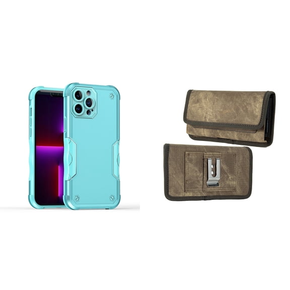 Case with Belt Holster Bundle for iPhone 14: Slim EX Hybrid Series Shockproof Case (Teal) and Rugged Denim Nylon Phone Pouch (Tan Brown)
