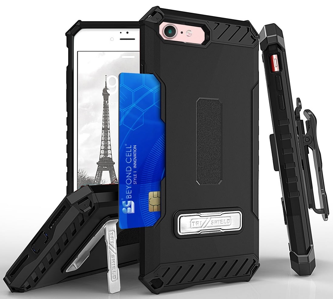 Case with Clip for iPhone 8, Black Tri-Shield Rugged Cover and Belt Hip ...