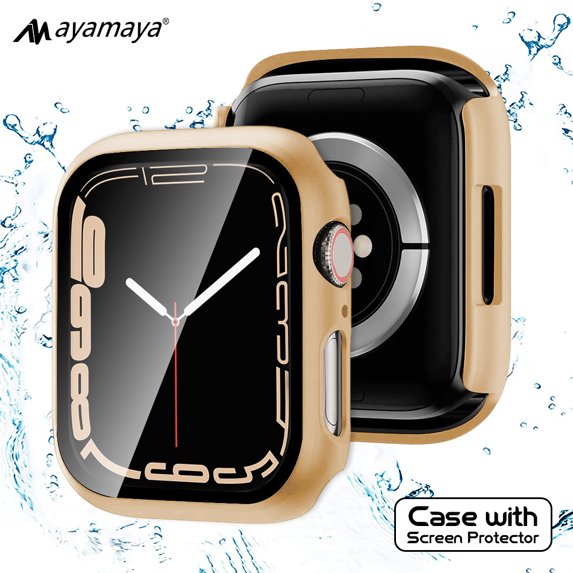 Case with Screen Protector for Apple Watch Series 9/8/7 41mm AYAMAYA Waterproof Shockproof Case with Tempered Glass - Electroplate Gold