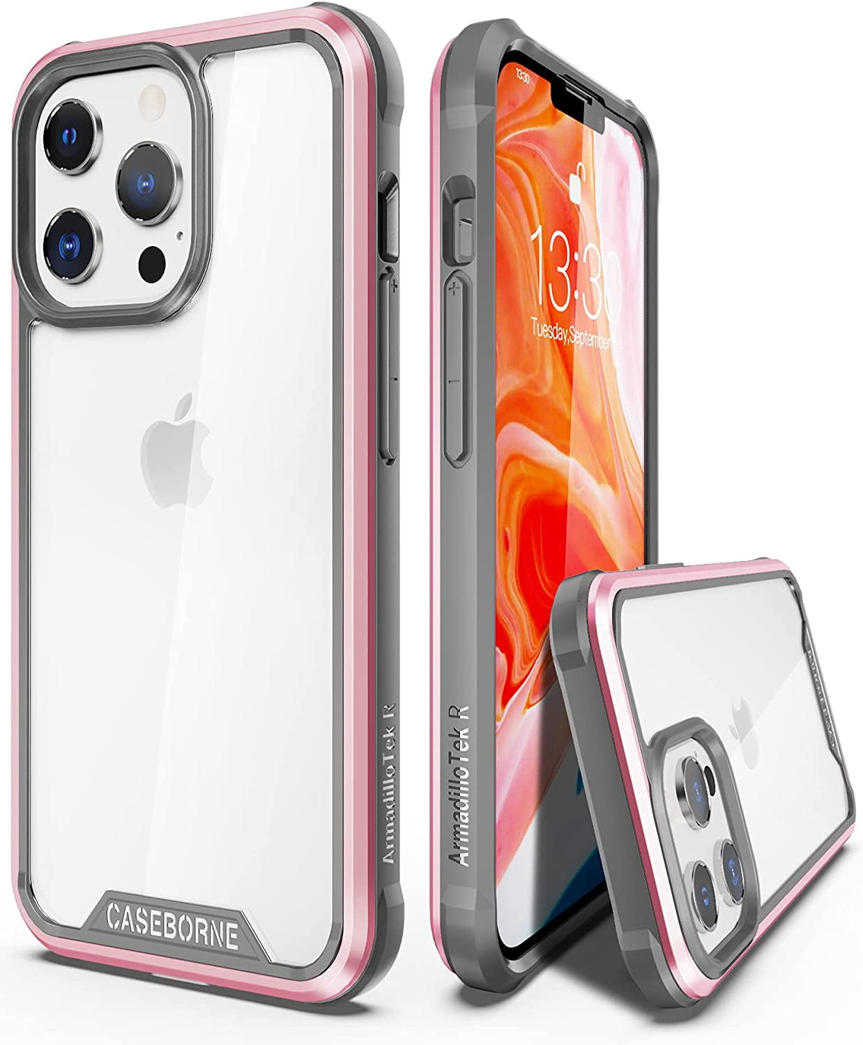 CaseBorne R Series Case for [iPhone 13 Pro Max] Aluminum Frame Clear Backplate - Pink