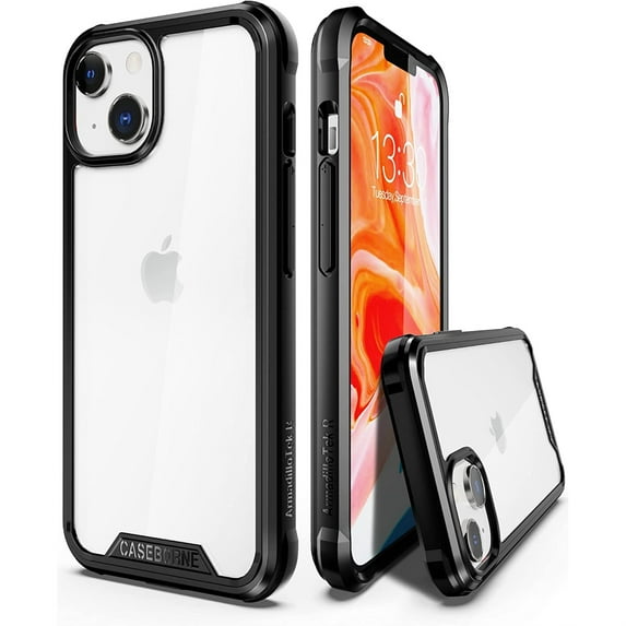 CaseBorne R Series Case for iPhone 14 / iPhone 13 Aluminum Frame Clear Backplate - Black