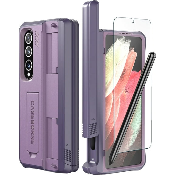 CaseBorne V Compatible with Samsung Galaxy Z Fold 4 Case - Full Body Protective Case with Semi-Auto Hinge Cover, [Tempered Glass Screen Protector], Kickstand and S Pen Holder - Purple