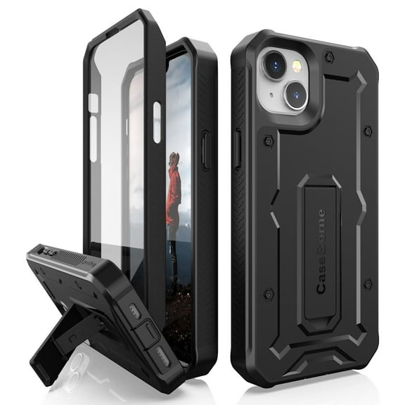 CaseBorne V Series Case Compatible with iPhone 14 Plus - Military Grade Full-Body Rugged with Kickstand and Built-in Screen Protector - Black